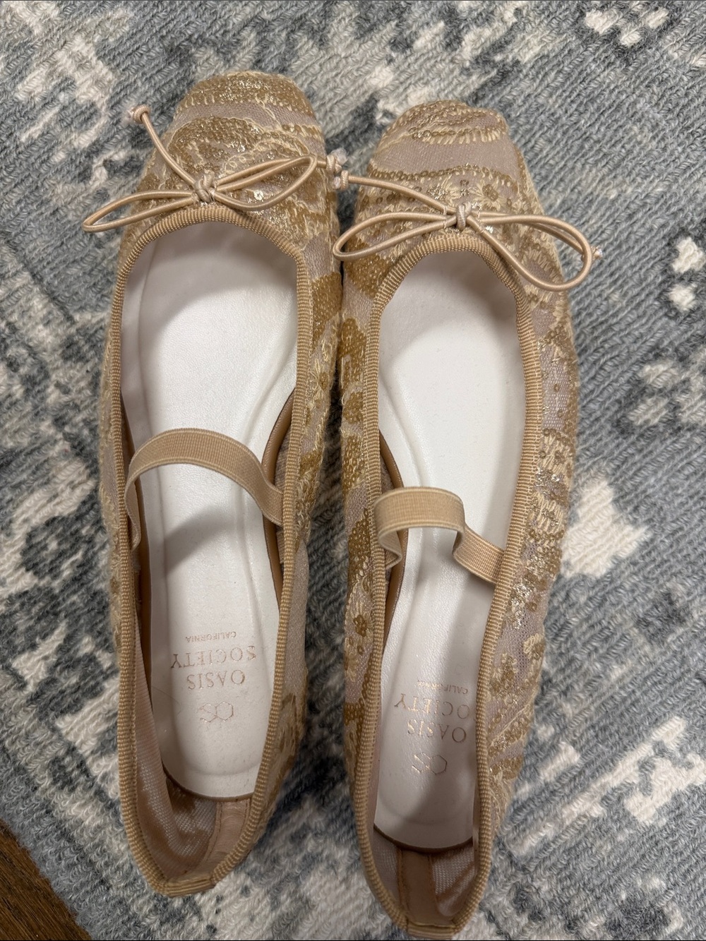 Society Metallic Beige Lace Ballet Flats with Bow